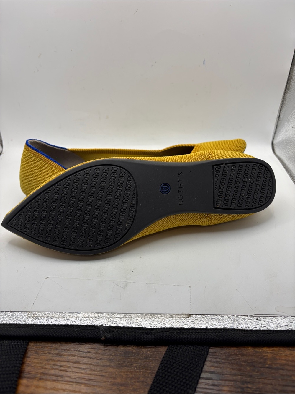 Rothy's Pointed Knit Ballet Flats in Bright Yellow with Blue Trim - Picture 5 of 11